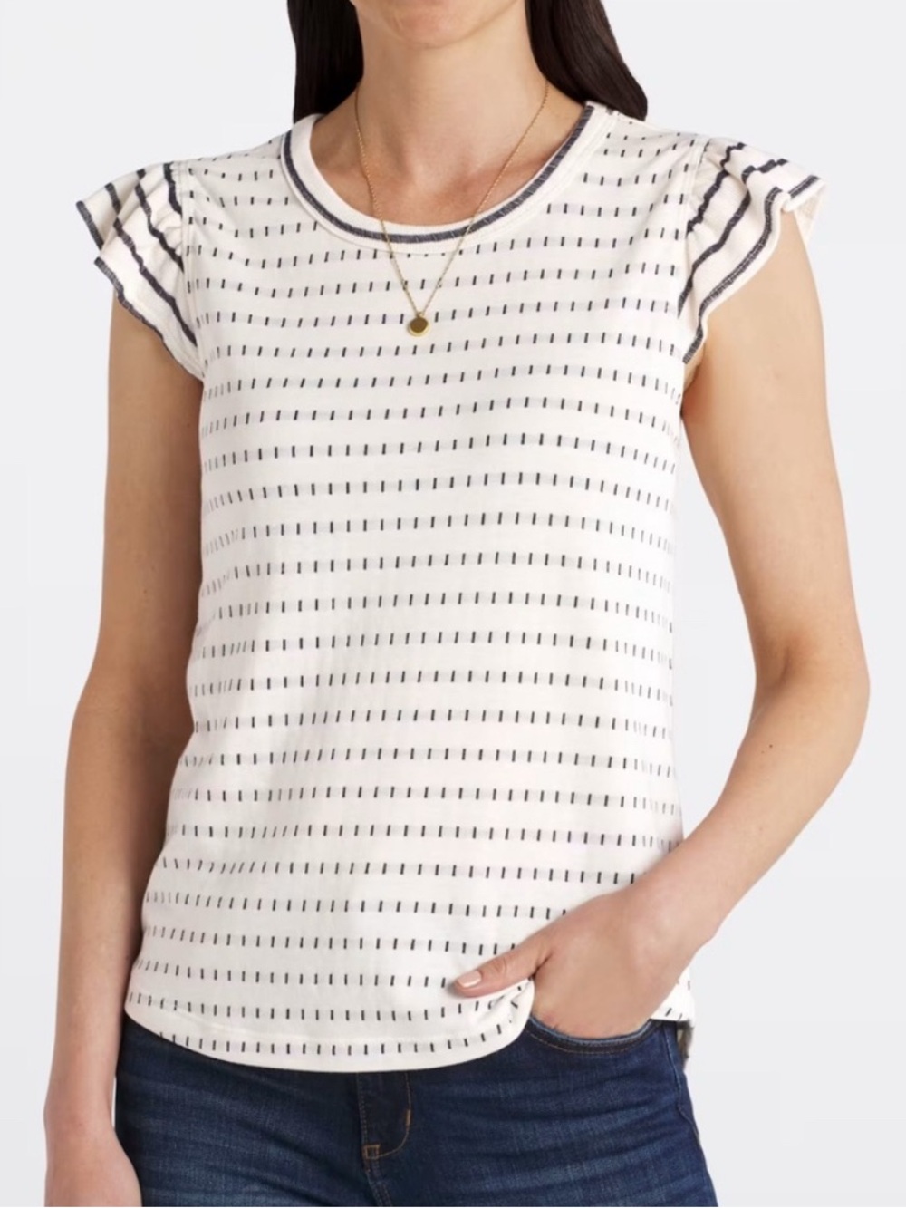 Staccato White Top with Navy Stripe Flutter Sleeves